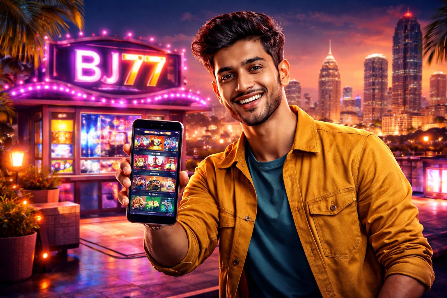 Polished Bangladeshi casino presenter showcasing a vibrant gaming board with colorful chips reflecting reliability and excitement at BJ77