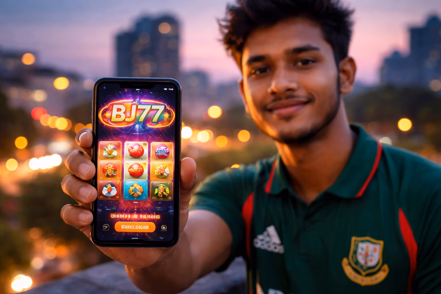 Smiling Bangladeshi player tapping the BJ77 mobile app on a smartphone with glowing slot symbols and chips floating around