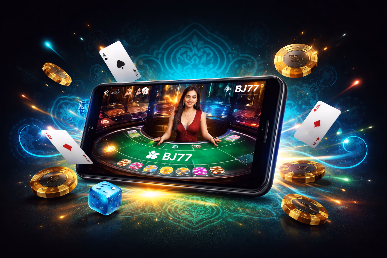 Cheerful Bangladeshi player exploring BJ77 mobile app features with floating chips and card icons in the background