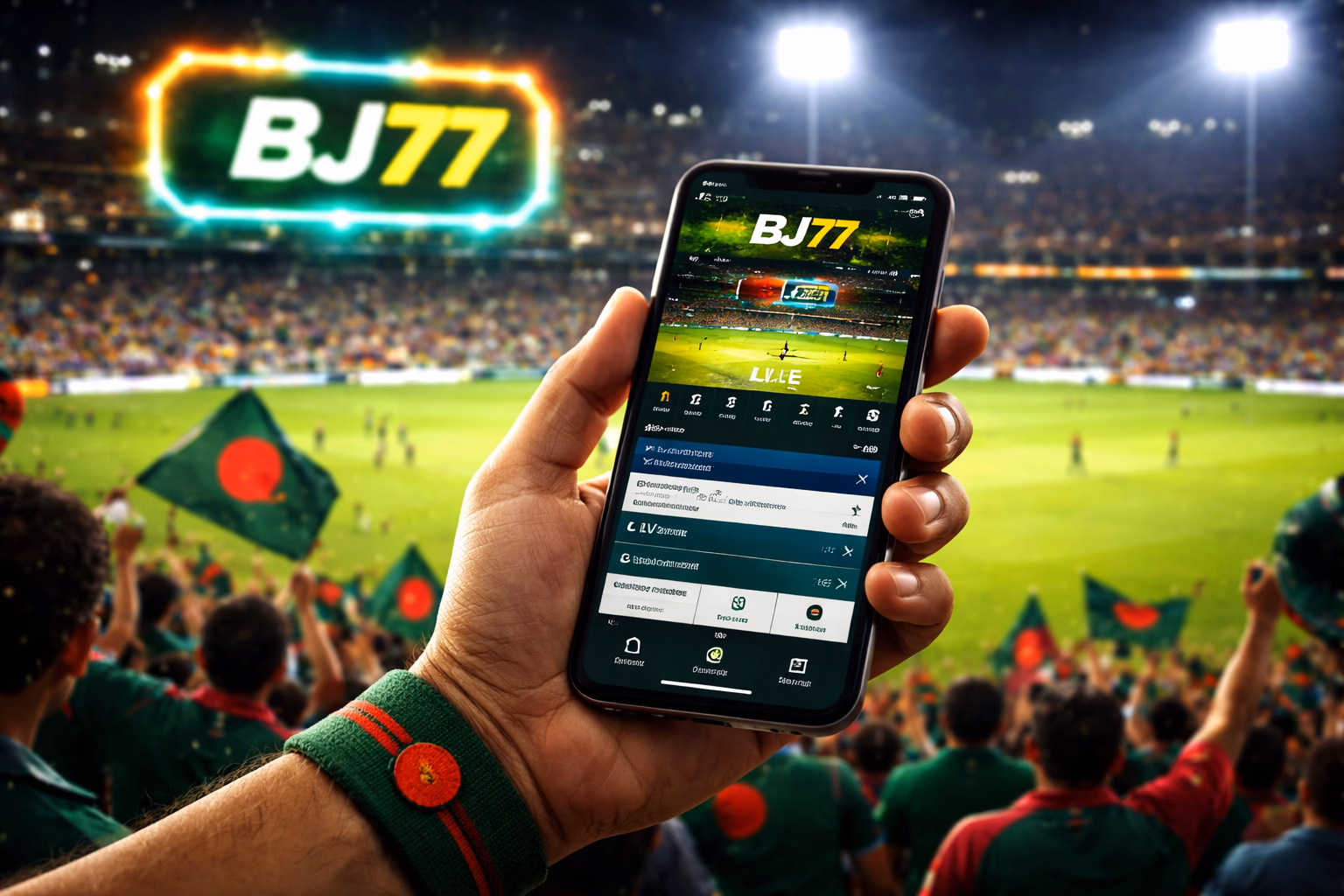 Focused Bangladeshi sports fan placing live cricket wagers on a desktop while tracking match action on TV through the BJ77 betting platform