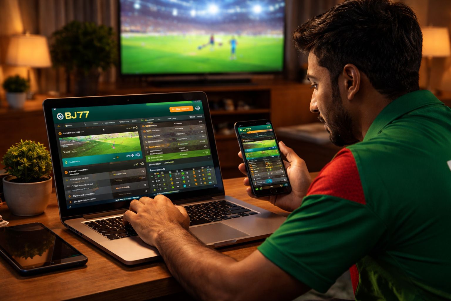 Eager Bangladeshi bettor reviewing live cricket odds on a laptop using BJ77 while watching the match on TV in a cozy living room