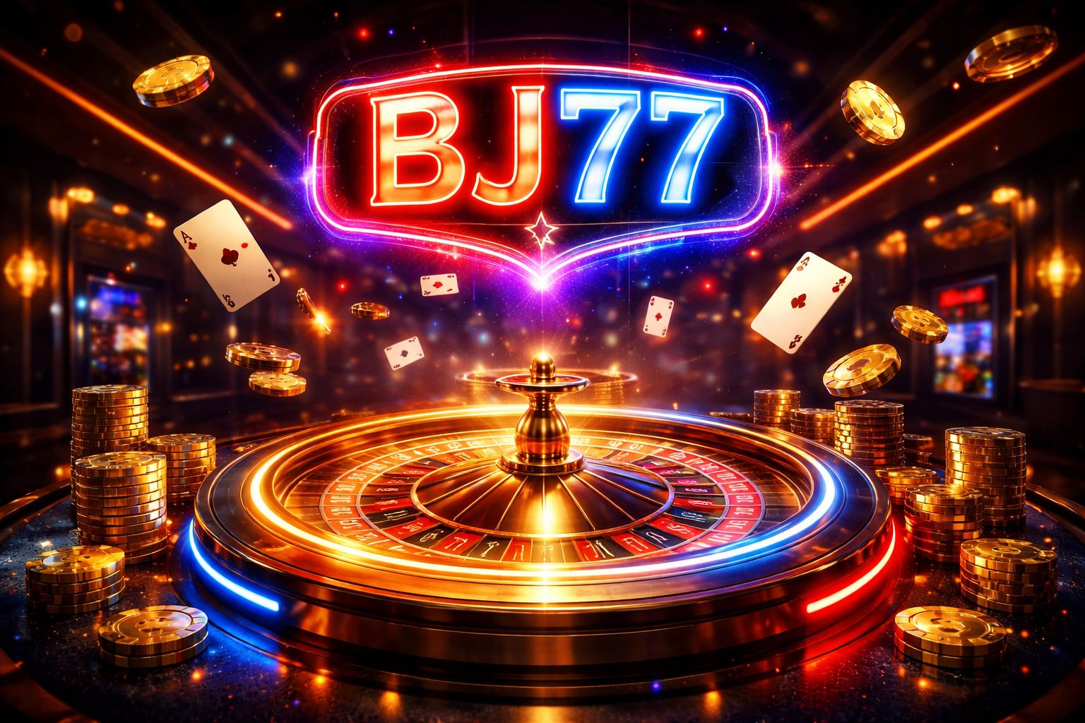 Glowing digital roulette wheel surrounded by floating chips and the BJ77 neon emblem representing the premium online casino lobby in Bangladesh