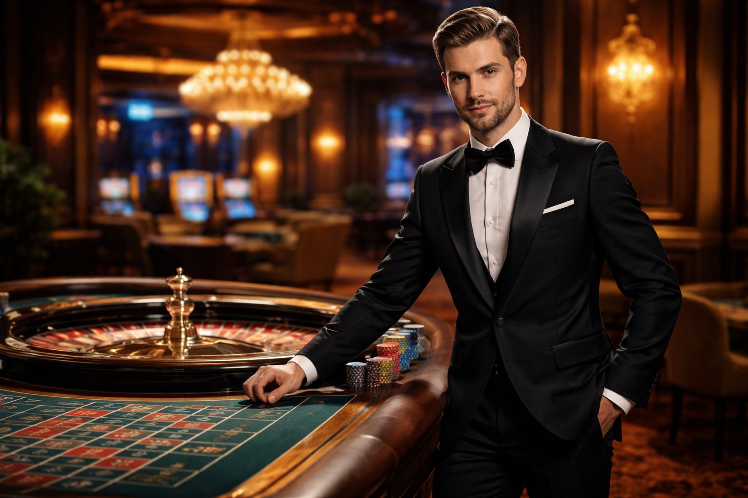 Professional casino host smiling confidently beside a roulette wheel framed by elegant decor and warm spotlights at BJ77 Bangladesh