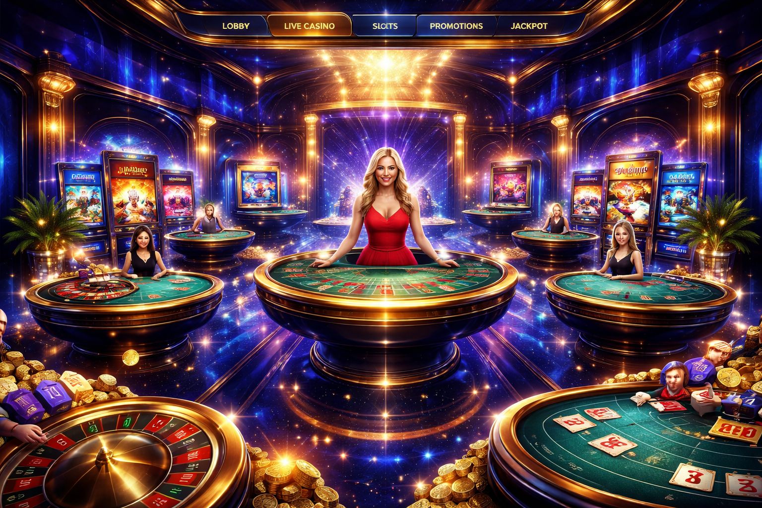 Confident casino host standing near a roulette wheel surrounded by floating chips highlighting the elite live studio environment at BJ77 Bangladesh