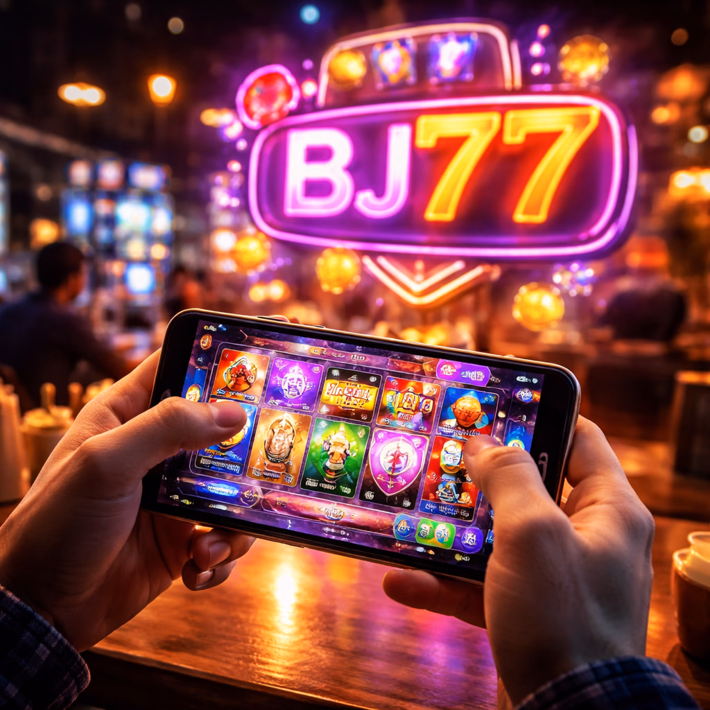 Player exploring the colourful BJ77 games hub on a desktop screen with vivid casino artwork