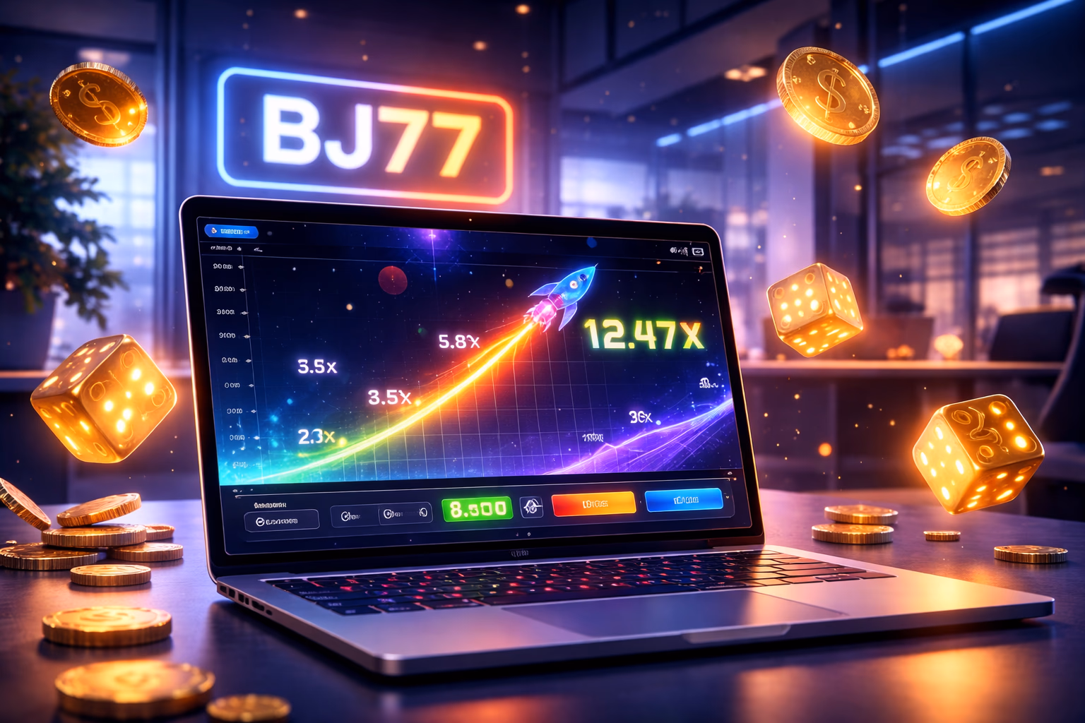 Desktop screen showing the BJ77 Aviator multiplier game with glowing flight curve and colourful betting chips