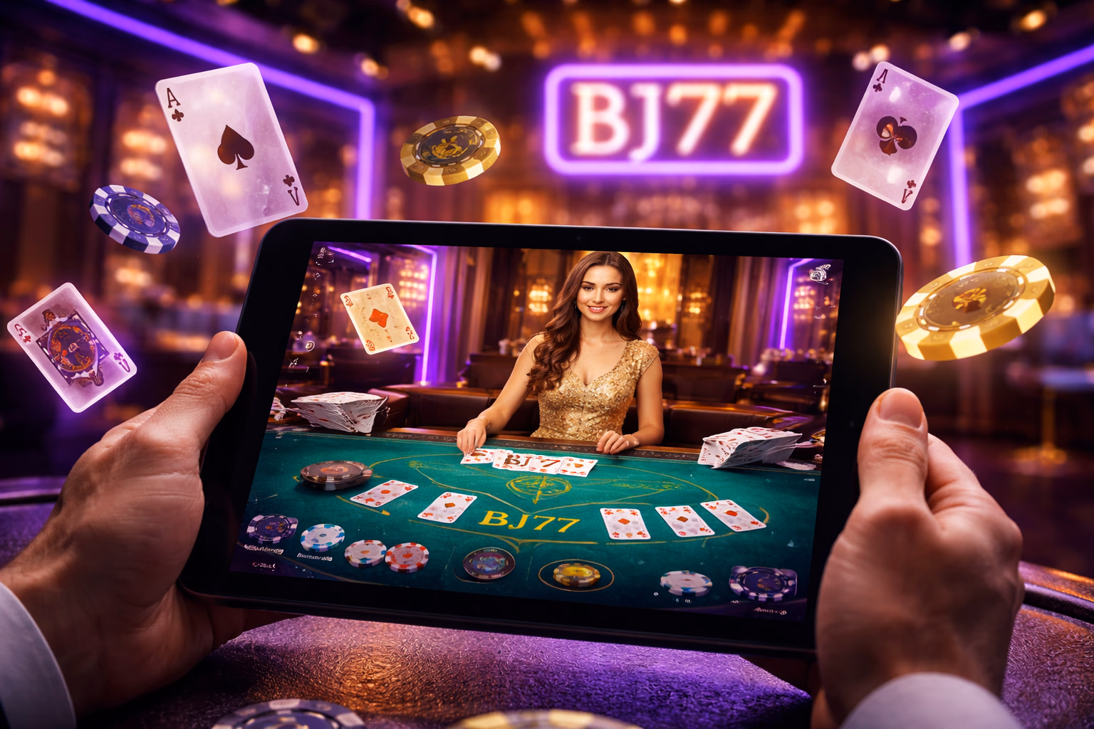 Focused casino player using a desktop in a neon-lit room enjoying the immersive BJ77 online gaming session