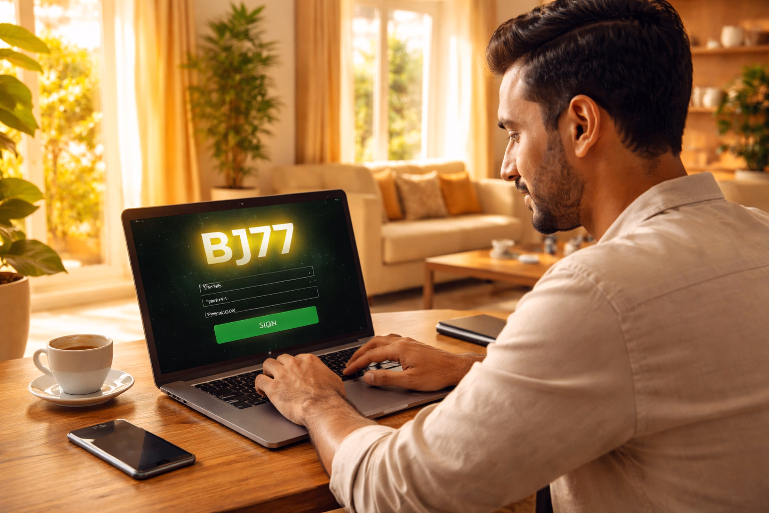 Cheerful Bangladeshi casino host pointing toward a glowing blue BJ77 login key floating in a bright modern lobby