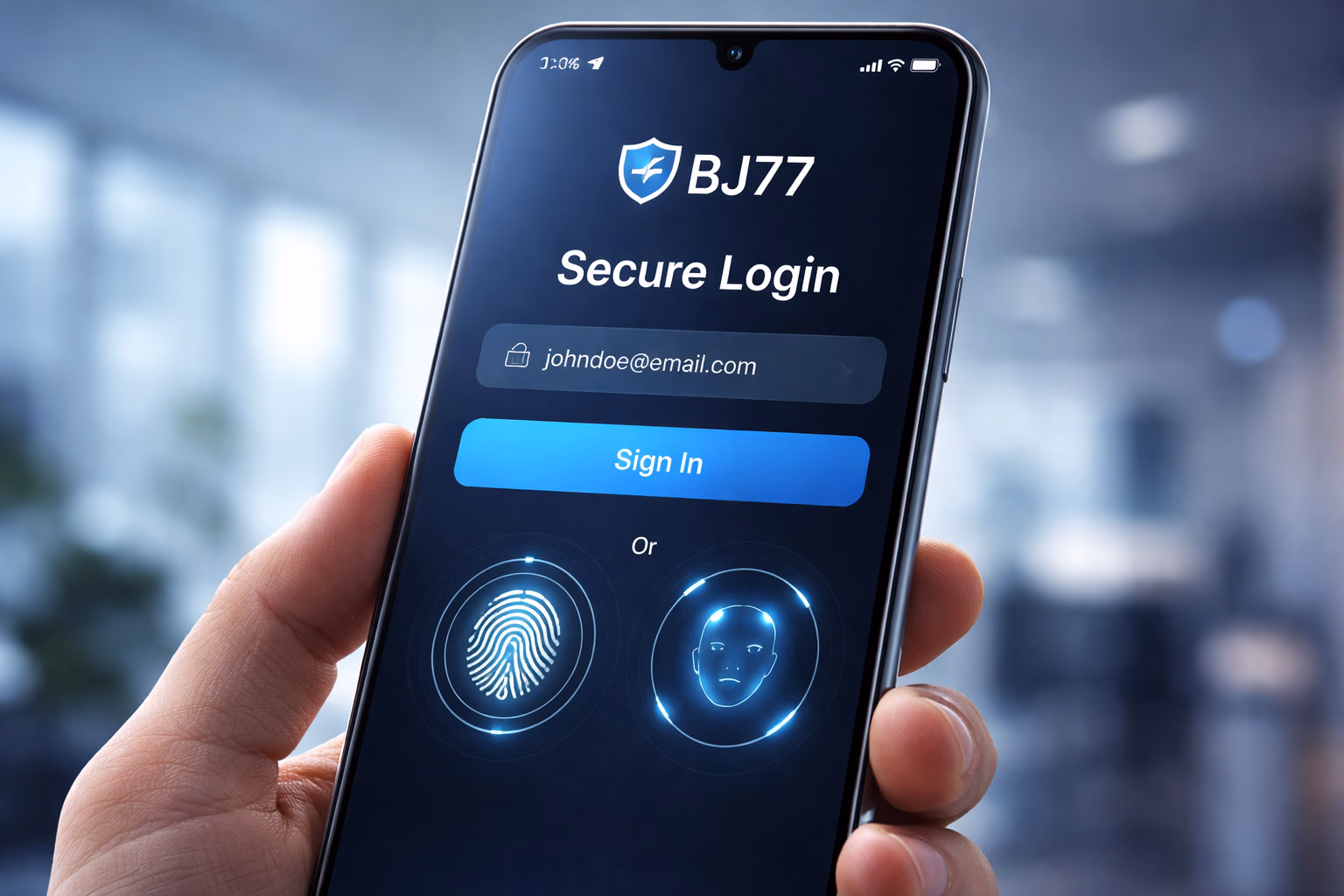 Confident casino host gesturing forward in a vibrant gaming lounge with betting tables and reels behind illustrating the BJ77 sign-in journey for Bangladeshi players