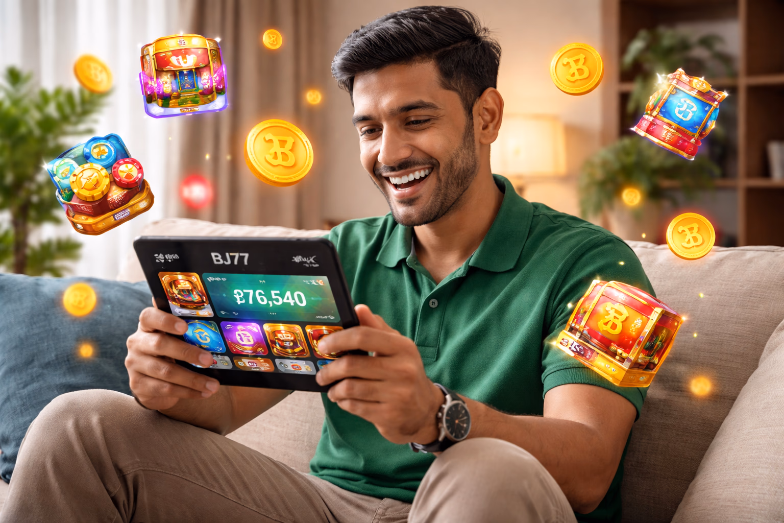 Elegant Bangladeshi casino host greeting members at the BJ77 login portal with brilliant lighting and floating tokens