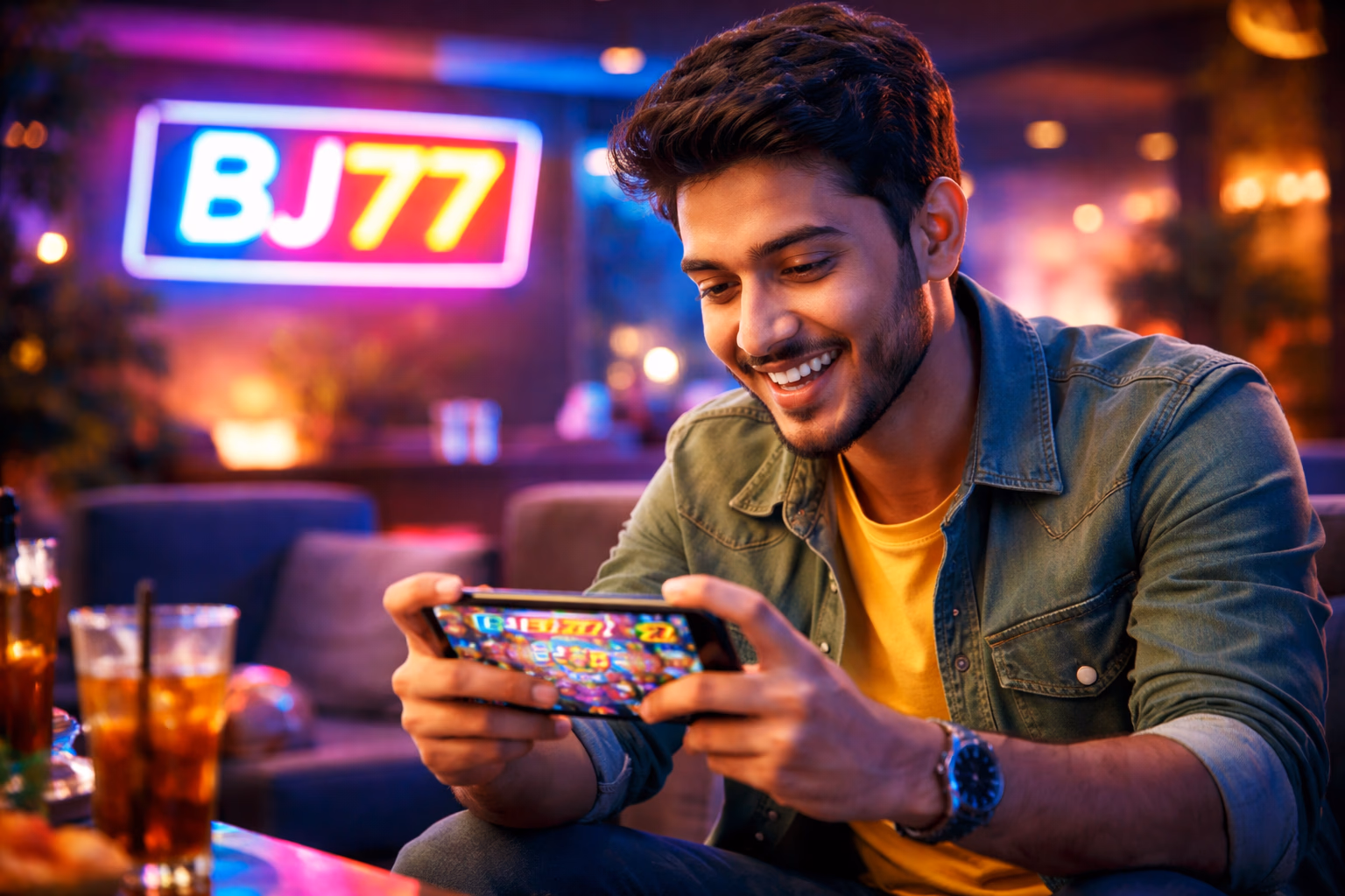 Excited Bangladeshi player enjoying vivid slot reels with jackpot animations on BJ77 platform